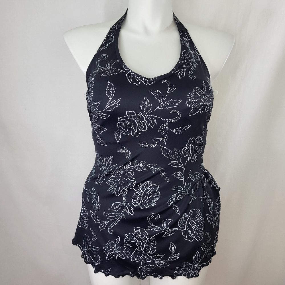 Jantzen Black White 1 PC BATHING SUIT Womens Size 16 Floral Dots Halter QVC NWT